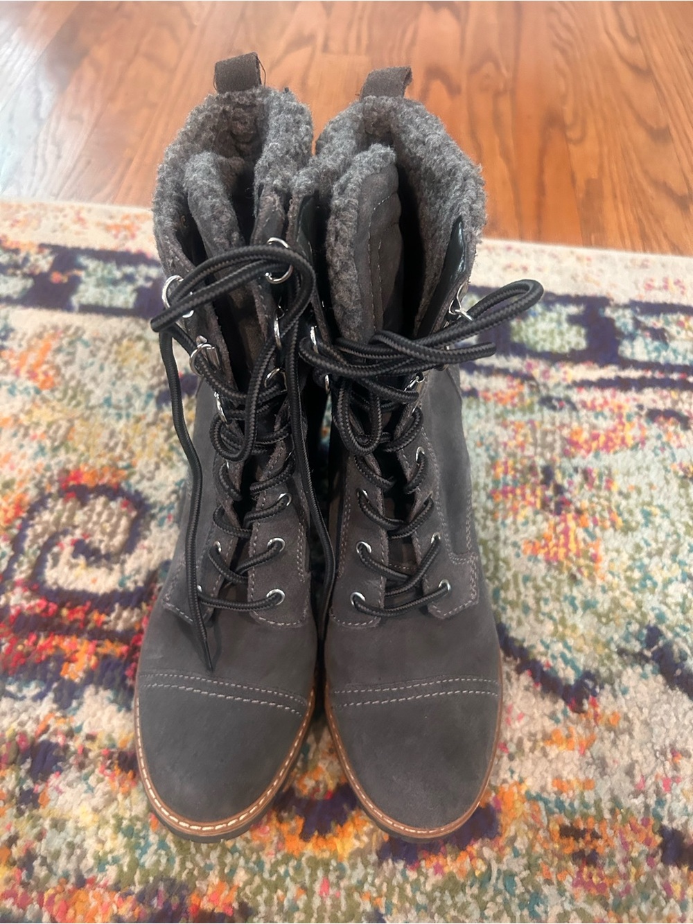 Nine West Gray Lace-Up Faux Fur Collar Boots